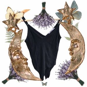 Black ribbed bodysuit with adjustable straps and soft v plunge neck.